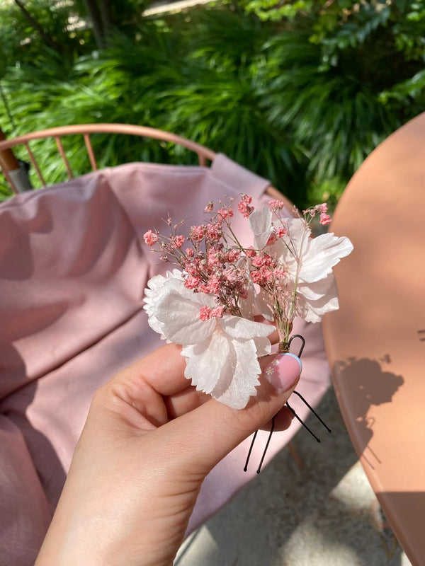 Fleurs séchées, Blair, épingle à cheveux fleurs séchées rose et blanc,